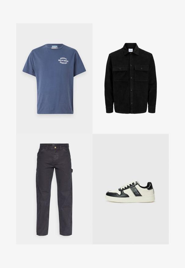 Chaqueta de pana negra con botones, dos bolsillos delanteros con solapa y un cuello clásico, mangas largas y textura acanalada.; Camiseta de algodón azul marino con mangas cortas, que presenta un texto gráfico en blanco que dice "SERVICIO DE REPLAY GENERAL QUARTERS" en el lado izquierdo del pecho.; Pantalones cargo de color gris oscuro, confeccionados con un tejido duradero, que presentan un corte recto, cinco bolsillos y un cierre de botón en la cintura.; Zapatillas de cuero con un esquema de colores negro y crema, que cuentan con acentos perforados, un collar acolchado y una suela texturizada.