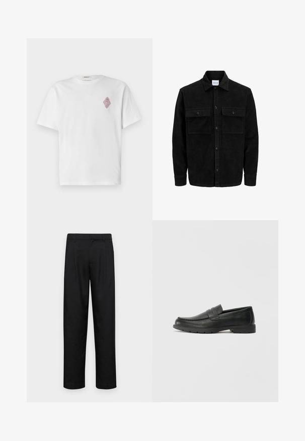 Melnas kordūru pogu jaka ar divām priekšējām atloka kabatām un klasisku apkakli, garām piedurknēm un ribotu tekstūru.; Balta kokvilnas T-kreklā ar īsām piedurknēm, kurā ir sarkans izšūts dimanta dizains kreisajā krūtīs. Klasisks apaļais kakls.; Melnas bikses, izgatavotas no gludas auduma, ar taisnu kāju dizainu, divām priekšējām krokām un standarta jostu, kurai ir āķi.; Melnas ādas loafers ar gludu apdari, mokasīnu stila augšdaļu, šūtu detalizāciju un gumijas zoli. Klasisks dizains ar zemu papēdi.