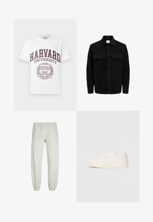 Black corduroy button-up jacket with two front flap pockets and a classic collar, long sleeves, and ribbed texture.; White cotton t-shirt featuring maroon "HARVARD UNIVERSITY" text and a central emblem with the word "VERITAS" in a shield design.; White sweatpants made from soft fabric, featuring an elastic waistband and cuffs, with a smooth texture and loose-fitting design.; White slip-on sneakers with a textured surface, a thick sole, and minimalistic design. Features brand logo on the side.