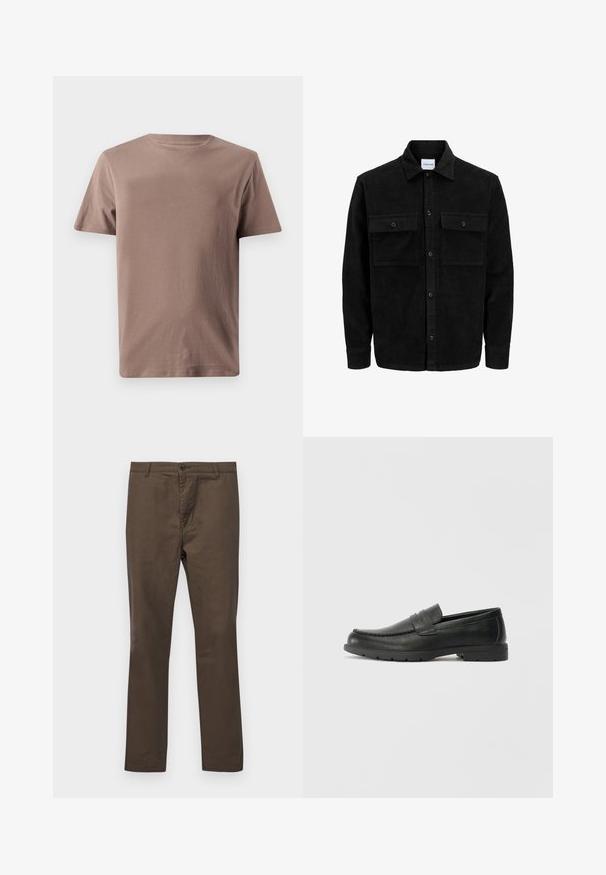 Mustmustöös nupuga jope, millel on kaks eesmist klapiga taskut ja klassikaline kaelus, pikad varrukad ning ribakujuline tekstuur.; GAP EVERYDAY SOFT CREW SOLID - Lihtne T-särk - plymouth rock; Pruuni puuvillased püksid sirge säärega, nööpide sulgemise ja vöökonksudega, sileda tekstuuriga ilma mustrite või aktsentideta.; Musthave nahkkingad siledast nahast, mokassiini stiilis ülevalt, tikanditega ja kummist tallaga. Klassikaline disain madala kontsaga.