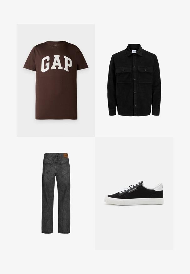 Černá kordurová košile s knoflíky, dvěma předními klopovými kapsami a klasickým límcem, dlouhými rukávy a vroubkovanou texturou.; Hnědé bavlněné tričko s bílým logem "GAP" v tučném, vysokoškolském písmu. Krátké rukávy a kulatý výstřih. Hladká textura.; Černé džíny z denimu s rovnými nohavicemi, pět kapes, a hnědá kožená nášivka na pásku. Texturovaná látka s detaily šití.; Jack & Jones JFWMORDEN COMBO - Tenisky - anthracite