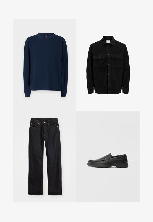 Jachetă din catifea neagră, cu butoni, două buzunare frontale cu clapetă și un guler clasic, mâneci lungi și textură ribbed.; Sweatshirt classic de culoare bleumarin, cu mâneci lungi și guler rotund, realizat dintr-un material texturat în dungi, având o croială dreaptă și cusături consolidate.; Jeans negri din denim pentru bărbați, cu croială dreaptă, cinci buzunare și cusături portocalii, închidere cu nasture și fermoar pe talie.; Labeled cu oglindă din piele neagră cu un finisaj neted, partea superioară în stil mocasin, detalii cusute și o talpă din cauciuc. Design clasic cu un toc jos.