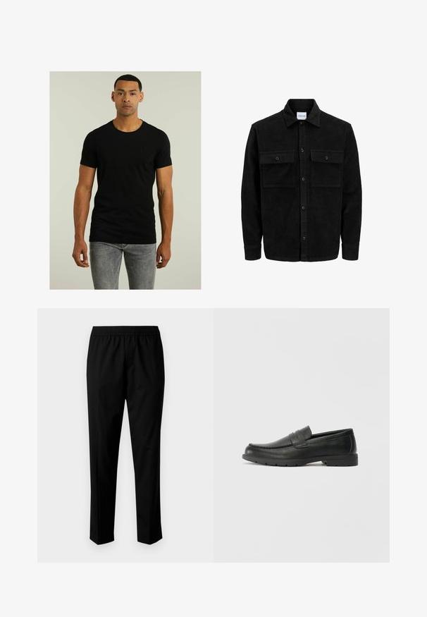 Sort fløjl button-up jakke med to frontlommer og klassisk krave, lange ærmer og ribbet tekstur.; Sort kortærmet T-shirt med rund hals og et diskret struktureret logo på brystet; parret med lysegrå jeans. Enkel design.; Sorte bukser med elastisk talje, med en lige benform. Stoffet ser glat ud med en mat overflade, uden synlige mønstre.; Sorte læderslippers med en glat finish, mokkasin-stil overdel, syninger og gummisål. Klassisk design med en lav hæl.