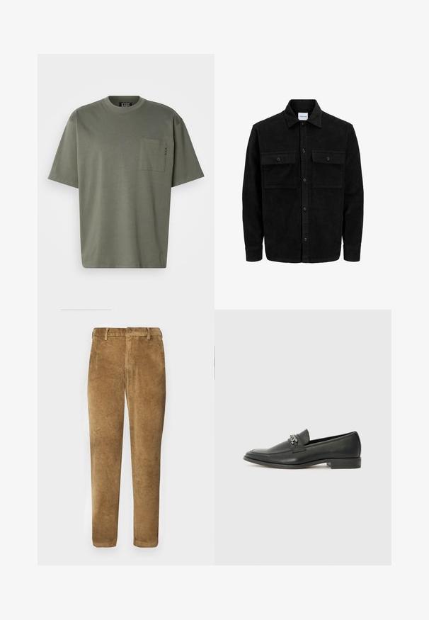 Čierna kordúrová bunda s gombíkmi, dvoma prednými vreckami so záklopkou a klasickým golierom, dlhými rukávmi a ryhovanou textúrou.; Olivovo zelené bavlnené tričko s okrúhlym výstrihom, krátkymi rukávmi a náprsním vreckom s vyšitými detailmi. Mäkká textúra, ležérny dizajn.; Hnedé kordové nohavice s vertikálnou ryhovanou textúrou, rovného strihu, s gombíkovým zapínaním a pútkami na opasok. Hladká tkanina s jemným povrchom.; Čierne kožené loafers s hladkým povrchom, s prešitým dizajnom a dekoratívnym kovovým reťazovým akcentom cez priehlavok. Plochý podpätok.