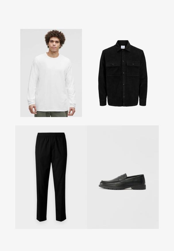 Mustmustöös nupuga jope, millel on kaks eesmist klapiga taskut ja klassikaline kaelus, pikad varrukad ning ribakujuline tekstuur.; Valge pika varrukaga T-särk ümmarguse kaelusega, pehmest kangast, millel on lõdva sobivusega ja ei ole nähtavaid logosid ega mustreid.; Mustad püksid elastse vöökoha ja sirgete säärekujundiga. Riie tundub sile ja matt, ilma nähtavate mustriteta.; Musthave nahkkingad siledast nahast, mokassiini stiilis ülevalt, tikanditega ja kummist tallaga. Klassikaline disain madala kontsaga.