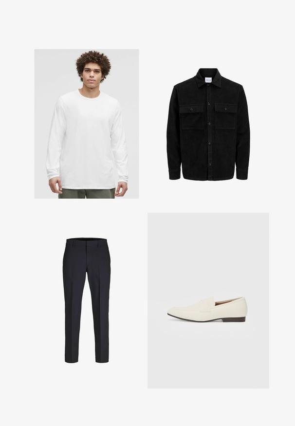 Juodas velveto mygtukų švarkas su dviem priekiniais kišenėmis su atvartais, klasikiniu apykakle, ilgomis rankovėmis ir raukšlėtu paviršiumi.; Balta ilgomis rankovėmis marškinėliai su apvalia iškirpte, pagaminti iš minkštos medžiagos, pasižyminčios laisvu krinta ir be matomų logotipų ar raštų.; Tamsiai mėlynos pritaikytos kelnės su lygiu paviršiumi, siaura prigludimo konstrukcija, lygia priekiu ir diržo kilpomis. Paprastos, be matomų raštų ar akcentų.; Šviesiai smėliniai loaferiai su smailiu pirštu, lygaus paviršiaus, dirželiu per viršų ir žema ruda padanga. Paprastas dizainas su minimaliais akcentais.