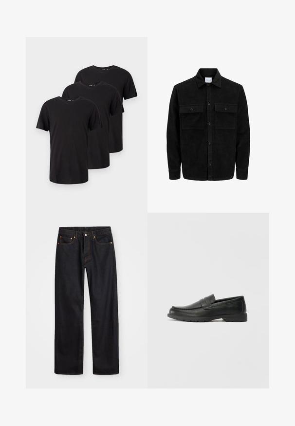Black corduroy button-up jacket with two front flap pockets and a classic collar, long sleeves, and ribbed texture.; Three plain black short-sleeve crew neck t-shirts, arranged in a staggered overlapping layout on a white background.; Men’s straight-leg black denim jeans with five pockets and orange stitching, button and zip closure on front waistband.; Black leather loafers with a smooth finish, moccasin-style upper, stitched detailing, and a rubber sole. Classic design with a low heel.