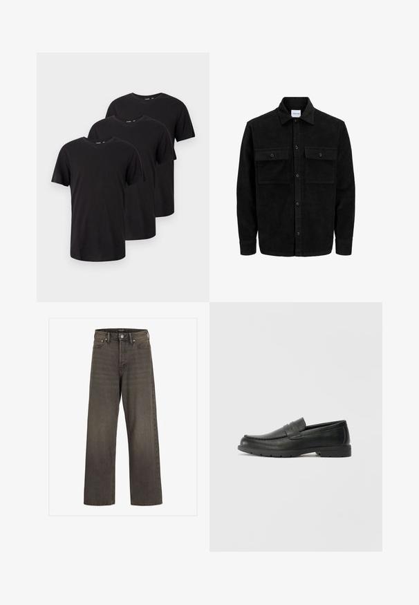 Črna kordurojska jakna z gumbi, z dvema sprednjima žepoma z zavihkom in klasičnim ovratnikom, dolgimi rokavi ter rebrasto teksturo.; Tri enostavne črne t-majice s kratkimi rokavi in okroglim ovratnikom, postavljene v zamaknjenem prekrivnem vrstnem redu na belem ozadju.; Široke hlače iz temno sive denim tkanine, s wysokim pasom, klasičnim pet-pocket dizajnom in kontrastnim šivom ob šivih.; Črne usnjene loafer čevlje z gladko površino, zgornjim delom v slogu mokasin, šivanimi detajli in gumijastim podplatom. Klasična zasnova z nizko peto.