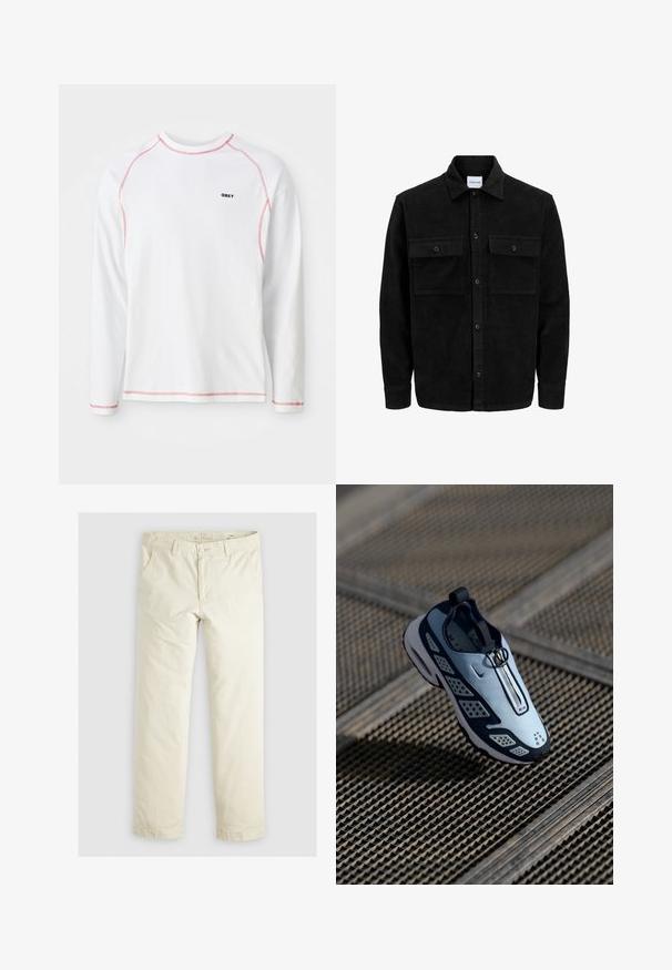Svart kordfløyels knappjakke med to frontlommer med klaff og klassisk krage, lange ermer og ribbet tekstur.; Hvit langermet T-skjorte med røde sømmer og en liten svart "OBEY" logo på brystet. Laget av bomull, med rund hals.; Lys beige løse bukser med tre lommer, beltestropper og rett ben-design. Laget av et mykt bomullsblandingsstoff.; Nike-sneaker har en slip-on design med lyseblå overdel, svarte detaljer og perforerte sidepaneler. Rund tå og teksturert såle.