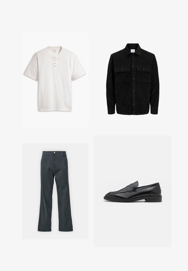 Juodas velveto mygtukų švarkas su dviem priekiniais kišenėmis su atvartais, klasikiniu apykakle, ilgomis rankovėmis ir raukšlėtu paviršiumi.; Levi's® BUTTON HENLEY - Paprasti marškinėliai - cloud dancer; Juodos kelnės su tiesiu kirpimu, pagamintos iš medvilnės mišinio. Turi metalinį mygtuką ir šonines kišenes. Be matomų raštų.; Juodos odinės loafers batai su lygiu paviršiumi, turintys apvalią noselę ir siaurą juostelę per viršų. Žemas sluoksnis kulnas.