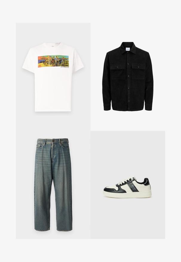 Juodas velveto mygtukų švarkas su dviem priekiniais kišenėmis su atvartais, klasikiniu apykakle, ilgomis rankovėmis ir raukšlėtu paviršiumi.; Balta medvilninė marškinėlių su spalvinga grafika, vaizduojančia vakarietišką sceną, o apačioje yra tekstas "LEVI STRAUSS & CO.".; Šviesiai mėlyni džinsai su laisvu siluetu, vidutinio aukščio juosmeniu ir tiesiomis kojomis. Su penkiais kišenėmis, diržo kilpo ir mygtukų uždarymu.; Odiniai sportbačiai juodos ir kreminės spalvų schemoje, su perforuotais akcentais, paminkštinta apykakle ir tekstūruotu padu.