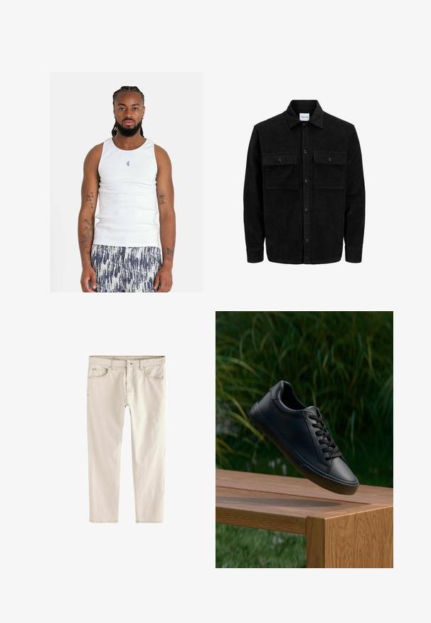 Czarna kurtka z korduru z guzikami, z dwoma przednimi kieszeniami na klapki oraz klasycznym kołnierzem, długimi rękawami i ryżowym splotem.; Biała prążkowana bluzka na ramiączkach z okrągłym dekoltem, ozdobiona małym niebieskim logo. Noszona z wzorzystymi, lekkimi szortami w ciemnoniebieskim i białym kolorze.; Jasnoszare dżinsy slim-fit z prostą nogawką, pięcioma kieszeniami, zapięciem na guzik i zamek błyskawiczny oraz wzmocnionymi szwami.; Czarne skórzane trampki o gładkiej fakturze, okrągłym nosku i płaskich sznurówkach, umieszczone na drewnianej powierzchni z zieloną trawą w tle.