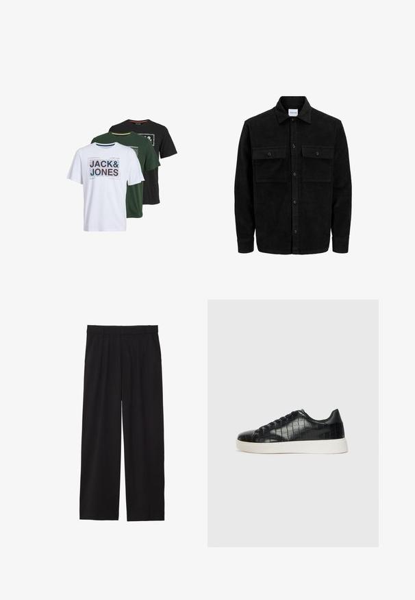 Juodas velveto mygtukų švarkas su dviem priekiniais kišenėmis su atvartais, klasikiniu apykakle, ilgomis rankovėmis ir raukšlėtu paviršiumi.; Trys trumpų rankovių marškinėlių: balti, žali ir juodi, su grafikos atspaudais, kuriuose yra tekstas "JACK & JONES" skirtingais stiliais ir spalvomis.; Juodos platėjančios kelnės su pločiu priekiniu raukiniu, šoninėmis kišenėmis ir lygiu audiniu. Sukurtos patogiam prigludimui.; Juodi sportiniai batai su tekstūruotu krokodilo odos pamušalu, apvalia kojų dalimi ir kontrastinga balta guma su lygiu paviršiumi.