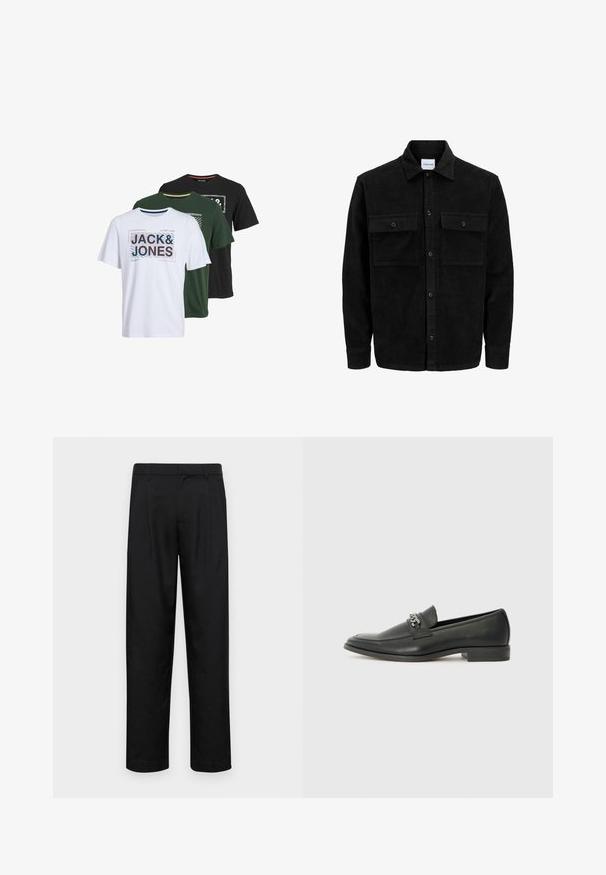 Juodas velveto mygtukų švarkas su dviem priekiniais kišenėmis su atvartais, klasikiniu apykakle, ilgomis rankovėmis ir raukšlėtu paviršiumi.; Trys trumpų rankovių marškinėlių: balti, žali ir juodi, su grafikos atspaudais, kuriuose yra tekstas "JACK & JONES" skirtingais stiliais ir spalvomis.; Juodi kelnių modeliai, pagaminti iš lygios medžiagos, turi tiesią kojas, du priekiniai klostės ir standartinę juosmenį su diržo kilpomis.; Juodos odinės loafer tipo bateliai su lygiu paviršiumi, turintys siuvinėtą dizainą ir dekoratyvų metalo grandinėlės akcentą ant batų viršaus. Plokščias kulnas.