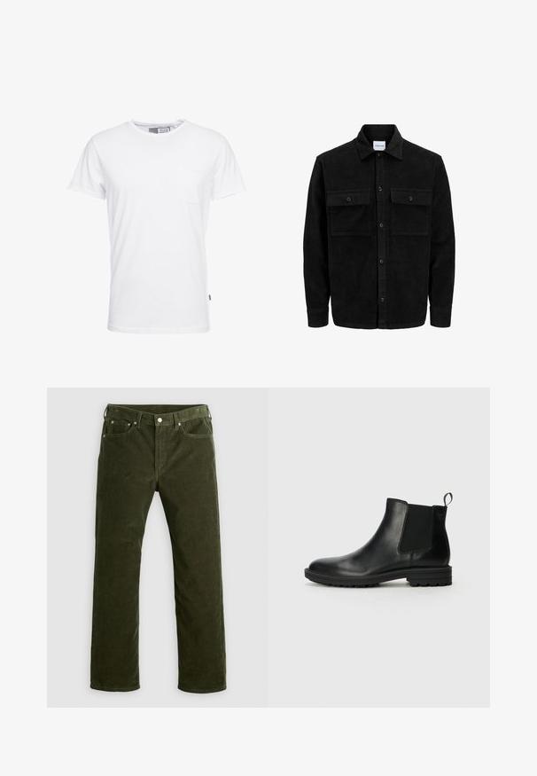 Melnas kordūru pogu jaka ar divām priekšējām atloka kabatām un klasisku apkakli, garām piedurknēm un ribotu tekstūru.; Solid SDGAYLIN - Pamata T-krekls - white; Olive zaļas kordīras taisnas kājas bikses ar priekšējo pogu, rāvējslēdzi, jostu cilpām un piecu kabatu dizainu uz balta fona.; Jack & Jones JFWHOSKINS - Klasiski puszābaki - anthracite