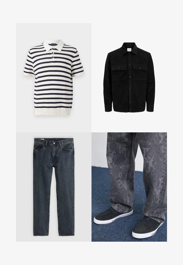Black corduroy button-up jacket with two front flap pockets and a classic collar, long sleeves, and ribbed texture.; Striped polo shirt with navy and cream alternating stripes, short sleeves, ribbed collar, and three-button placket. Knitted texture.; Dark blue denim jeans with a straight leg design, five pockets, and a button-fly closure. The fabric shows a subtle fade and texture.; Black slip-on shoes with white sole, textured, paired with grey jeans featuring a subtle patterned design, set against a blue carpet background.
