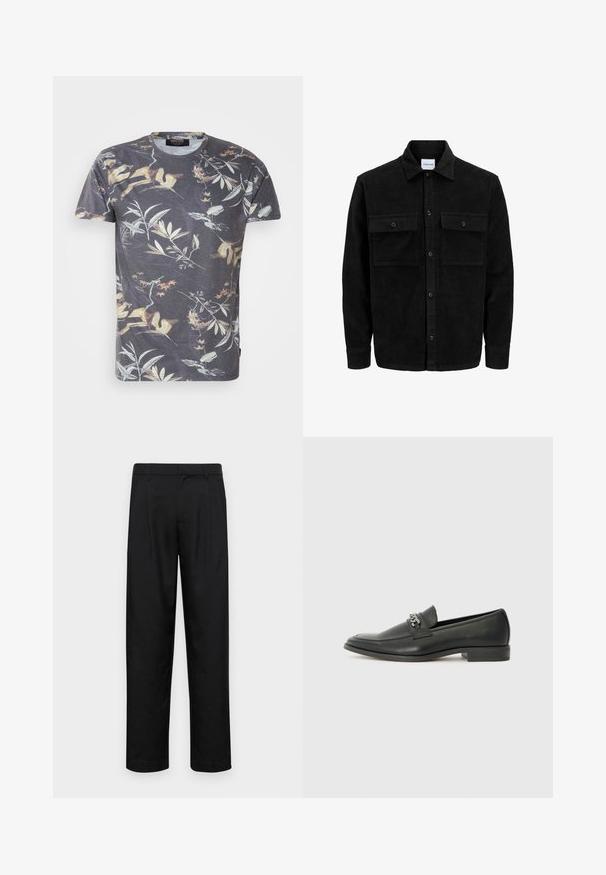 Črna kordurojska jakna z gumbi, z dvema sprednjima žepoma z zavihkom in klasičnim ovratnikom, dolgimi rokavi ter rebrasto teksturo.; Kratka majica s kratkimi rokavi v temno sivi barvi z večbarvnim botaničnim motivom, ki vsebuje liste in veje, okroglim izrezom in standardnim krojem.; Črne hlače iz gladkega materiala, s krojem ravne noge, dvema sprednjima pregiboma in standardnim pasom z zankami za pas.; Črni usnjeni loafer z gladko površino, ki ima šivano zasnovo in dekorativni kovinski verižni naglas preko vampirja. Ravno peto.
