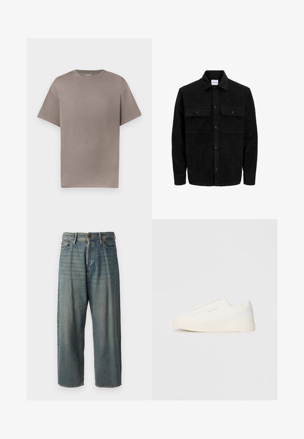 Jachetă din catifea neagră, cu butoni, două buzunare frontale cu clapetă și un guler clasic, mâneci lungi și textură ribbed.; Tricou scurt cu maneci, cu o croială lejeră, în culoarea taupe moale, expus pe un fundal alb.; Jeans din denim bleu deschis, cu o croială lejeră, talie medie și picioare drepte. Au cinci buzunare, bucle pentru curea și închidere cu nasture.; Tenisi albi slip-on cu o suprafață texturată, talpă groasă și un design minimalist. Prezintă logo-ul brandului pe lateral.