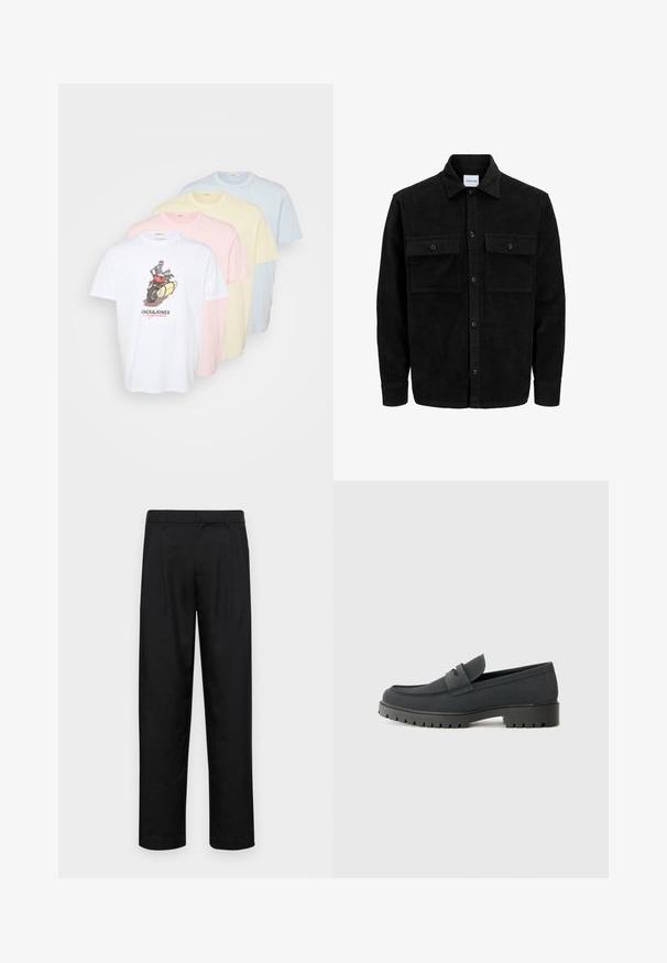 Mustmustöös nupuga jope, millel on kaks eesmist klapiga taskut ja klassikaline kaelus, pikad varrukad ning ribakujuline tekstuur.; Neljas puuvillane T-särk komplektis: valge, roosa, kollane ja helesinine. Valgel särgil on graafiline print. Klassikaline ümmargune kaelus.; Mustad mustadest riietest, millel on sirge jalgade disain, kaks eesmist voltimist ja tavaline vöökoht, millel on vöökohad.; Mustad musta kinga sileda, mati viimistlusega, ümarate varvastega ja paksu, tekstuuriga tallaga. Esiosa rihmaga aktsent.