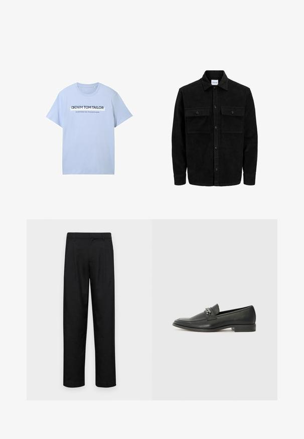 Melnas kordūru pogu jaka ar divām priekšējām atloka kabatām un klasisku apkakli, garām piedurknēm un ribotu tekstūru.; Gaiši zils kokvilnas T-krekls ar īsām piedurknēm un apaļu kakla izgriezumu. Priekšējā grafika ietver "DENIM TOM TAILOR" un "dibināts divtūksto septītajā".; Melnas bikses, izgatavotas no gludas auduma, ar taisnu kāju dizainu, divām priekšējām krokām un standarta jostu, kurai ir āķi.; Melna ādas loafer izmēra apavi ar gludu virsmu, piedāvā ar šūtu dizainu un dekoratīvu metāla ķēdes akcentu pār vampu. Plakana papēža daļa.