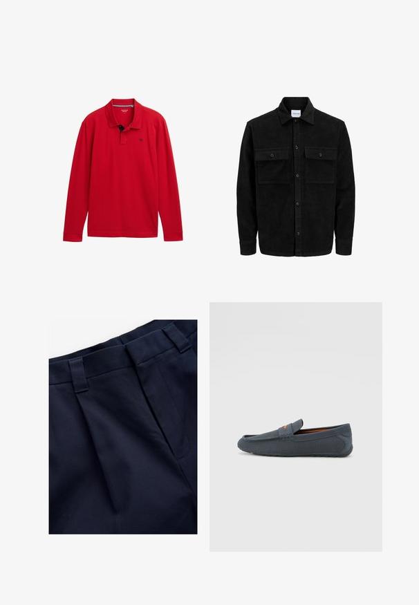 Jachetă din catifea neagră, cu butoni, două buzunare frontale cu clapetă și un guler clasic, mâneci lungi și textură ribbed.; Cămașă polo roșie cu mânecă lungă și guler, având un accent albastru închis și un logo mic pe piept. Fabricată din material moale de bumbac.; Pantaloni plisati bleumarin dintr-un material texturat, neted. Dispun de un talie plată și bucle pentru curea, concepuți pentru confort și potrivire.; Loaferi perforați gri, cu un design slip-on, având un accent portocaliu, vârful rotund și talpa din cauciuc texturat.