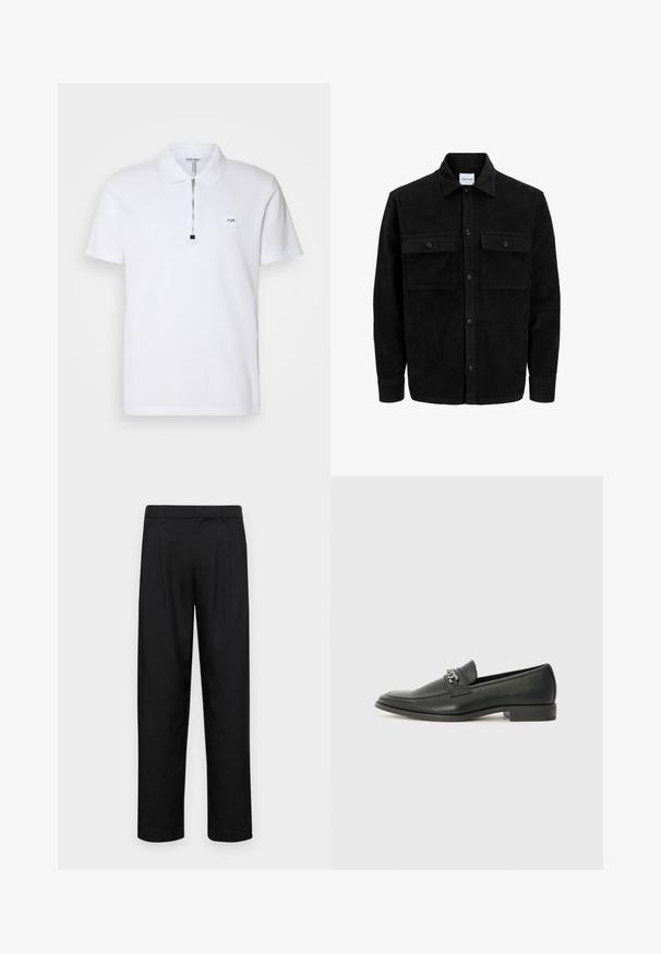 Jachetă din catifea neagră, cu butoni, două buzunare frontale cu clapetă și un guler clasic, mâneci lungi și textură ribbed.; Cămașă polo albă cu un guler scurt cu fermoar, logo brodat pe piept și un material din bumbac moale cu o textură fină.; Pantaloni negri dintr-un material neted, cu un design drept, două pliuri frontale și un tiv standard cu bucle pentru curea.; Pantofii negri din piele cu un finisaj neted, având un design cusut și un accent decorativ de lanț metalic peste partea de sus. Toc plat.