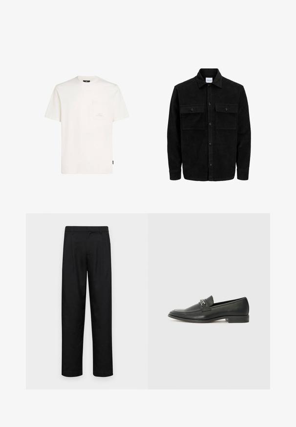 Juodas velveto mygtukų švarkas su dviem priekiniais kišenėmis su atvartais, klasikiniu apykakle, ilgomis rankovėmis ir raukšlėtu paviršiumi.; Balta trumpa rankovėmis marškinėliai pagaminti iš medvilnės, su priekyje esančia kišenėle ir mažo logotipo detale ant krūtinės. Minkšta tekstūra ir laisvas kirpimas.; Juodi kelnių modeliai, pagaminti iš lygios medžiagos, turi tiesią kojas, du priekiniai klostės ir standartinę juosmenį su diržo kilpomis.; Juodos odinės loafer tipo bateliai su lygiu paviršiumi, turintys siuvinėtą dizainą ir dekoratyvų metalo grandinėlės akcentą ant batų viršaus. Plokščias kulnas.