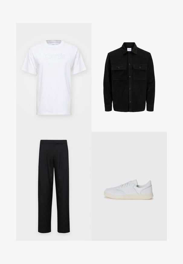 Chaqueta de pana negra con botones, dos bolsillos delanteros con solapa y un cuello clásico, mangas largas y textura acanalada.; Camiseta de algodón blanca con mangas cortas y cuello redondo. Presenta un logotipo en relieve de "LEVI'S" en azul claro en el pecho.; Pantalones negros de tela suave, con un diseño de pierna recta, dos pliegues frontales y una cintura estándar con trabillas para el cinturón.; Zapatillas blancas con detalles perforados, cordones planos y una suave suela de goma color crema. Material de cuero liso con acentos de marca mínimos.
