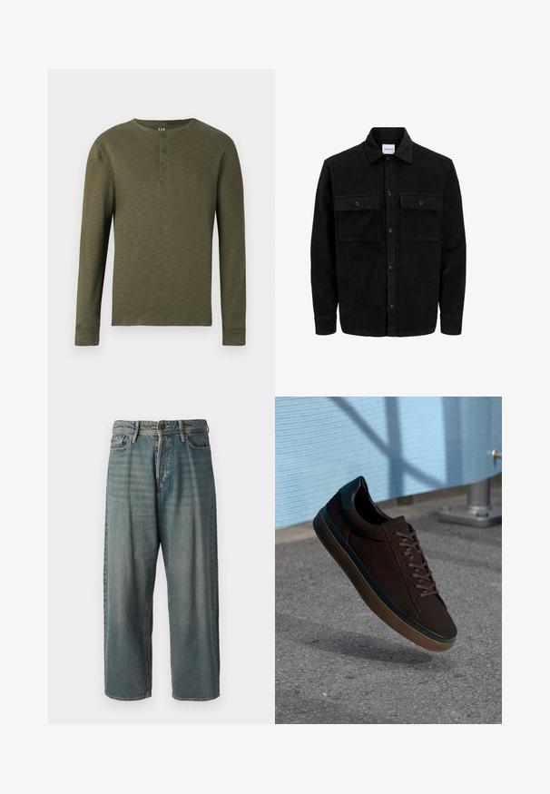 Črna kordurojska jakna z gumbi, z dvema sprednjima žepoma z zavihkom in klasičnim ovratnikom, dolgimi rokavi ter rebrasto teksturo.; Olivnozeleni henley majica z dolgimi rokavi, krožnim izrezom, tremi gumbi pri ovratniku in teksturiranim zaključkom tkanine.; Svetlomoderne kavbojke z ohlapnim krojem, srednjim pasom in ravnimi nogami. Imajo pet žepov, zanke za pas in zapiranje na gumb.; Rjave teniske z gladkim gamušom, okroglo konico in črnimi usnjenimi detajli. Ima rjave vezalke, gumijast podplat in subtilne perforirane detajle.