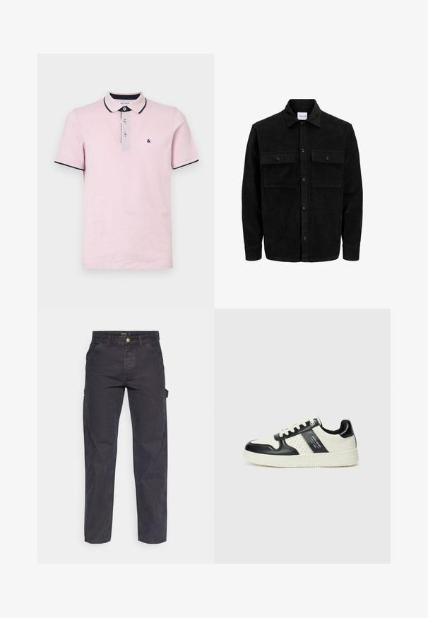 Zwarte corduroy knopenjack met twee voorste klepzakken en een klassieke kraag, lange mouwen en ribbelstructuur.; Lichtroze polohemd van katoen, met een drieknopssluiting, een kraag en mouwen in marineblauw en een klein geborduurd logo.; Donkergrijze cargobroek van duurzaam materiaal, met een rechte pijp, vijf zakken en een knoopsluiting in de taille.; Leren sneakers met een zwart en crèmekleurig kleurenschema, voorzien van geperforeerde accenten, een gevoerde kraag en een gestructureerde buitenzool.