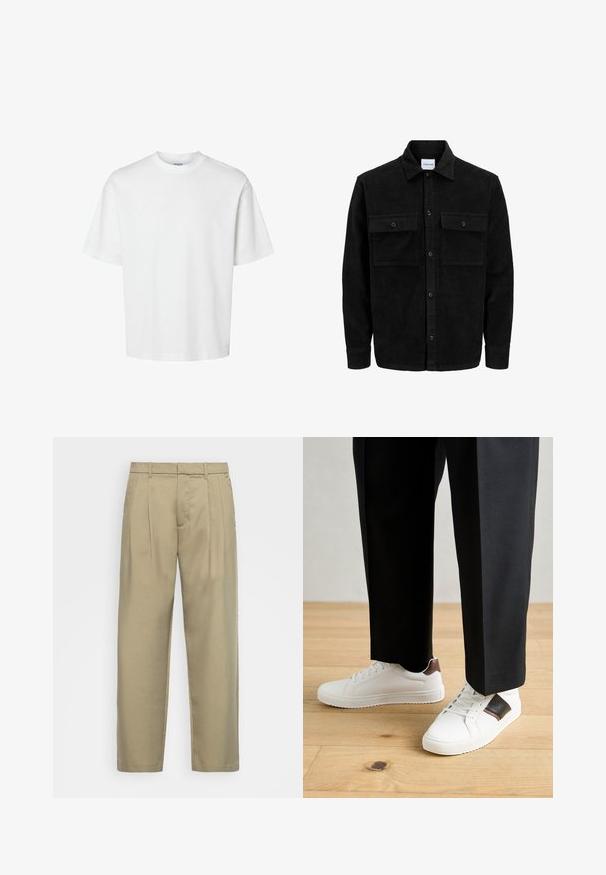 Svart kordfløyels knappjakke med to frontlommer med klaff og klassisk krage, lange ermer og ribbet tekstur.; Hvit bomull t-skjorte med korte ermer, rund hals og avslappet passform. Glatt tekstur uten synlige mønstre eller detaljer.; Beige, høytlivs bukser med rett snitt, med flat front, sidelommer og et jevnt, strukturert stoff.; Hvite sneakers med glatt tekstur, med brune skinnakenter og svart detaljer, parret med svarte skreddersydde bukser. Bakgrunn med tregulv.