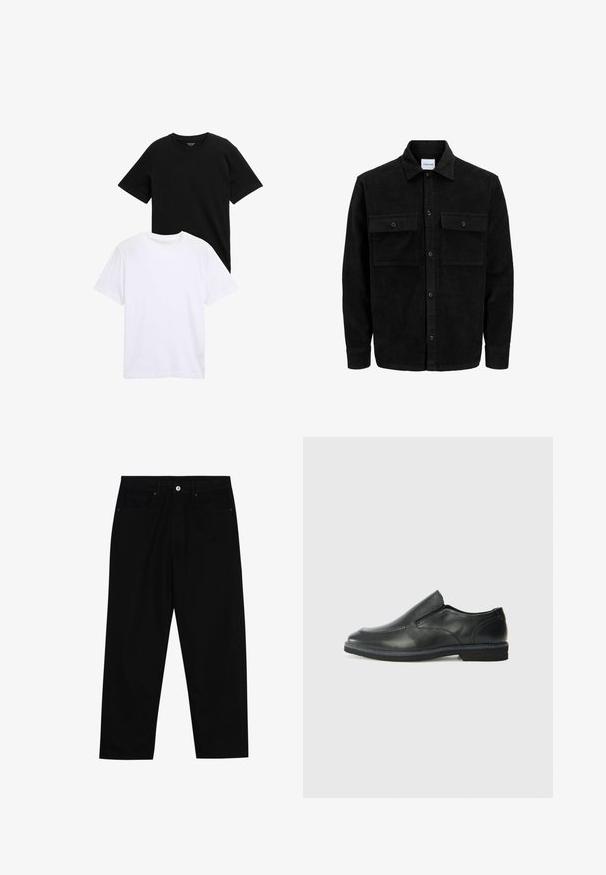 Melnas kordūru pogu jaka ar divām priekšējām atloka kabatām un klasisku apkakli, garām piedurknēm un ribotu tekstūru.; Īsām piedurkņu T-krekli melnā un baltā kokvilnā, ar apaļa kakla dizainu un gludu tekstūru. Abi krekli novietoti viens uz otra.; Melni džinsi ar taisnu kāju griezumu, piecu kabatu dizainu un priekšēju pogu aizdari. Gluda tekstūra ar minimālu šuvju detaļu skaitu.; Melnas ādas slip-on kurpes ar gludu augšdaļu, izšūtām akcentiem, noapaļotu purngala daļu un zemu gumijas papēdi. Zole ar minimālu rakstu.