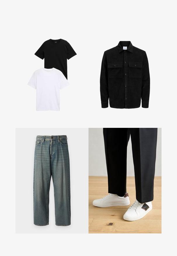 Crni kožni kord jakna na dugmad s dva prednja džepa s preklopom i klasičnim ovratnikom, dugim rukavima i rebrastom teksturom.; T-majice kratkih rukava od crnog i bijelog pamuka, s dizajnom okruglog izreza i glatkom teksturom. Obje majice su prikazane složene.; Svijetloplave traperice s širokim krojem, srednjim pojasom i ravnim nogavicama. Ima pet džepova, petlje za remen i kopčanje na gumb.; Bijele tenisice s glatkom teksturom, s smešnim kožnim detaljima i crnim naglascima, u kombinaciji s crnim krojenim hlačama. Pozadina od drvenog poda.