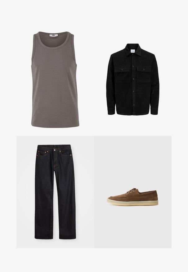 Mustmustöös nupuga jope, millel on kaks eesmist klapiga taskut ja klassikaline kaelus, pikad varrukad ning ribakujuline tekstuur.; Hallhallik ribipealne T-särk ümmarguse kaeluse ja laiade varrukateaukudega. Valmistatud venivast kangast, see on reguleeritud istuvuse ja minimalistliku disainiga.; Meeste sirge jala mustad denim teksad viie taskuga, oranž õmblus, nupu ja tõmblukuga ees nagu vöökoht.; Pruunid nahast kingad, madala profiiliga, nööbitava disainiga, kummist tallaga ja kontrastsete õmblustega. Lihtne ja funktsionaalne stiil.