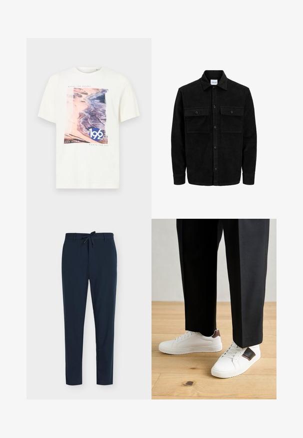 Svart kordfløyels knappjakke med to frontlommer med klaff og klassisk krage, lange ermer og ribbet tekstur.; Kortermet hvit T-skjorte med grafikk av en strandscene i rosa og blått, med teksten "192" og "TOM TAILOR MEETS THE SEA". Mykt bomullsstoff.; Marineblå bukser laget av glatt stoff med snor i livet, med vertikalt stripemønster og innsnevret bendesign.; Hvite sneakers med glatt tekstur, med brune skinnakenter og svart detaljer, parret med svarte skreddersydde bukser. Bakgrunn med tregulv.