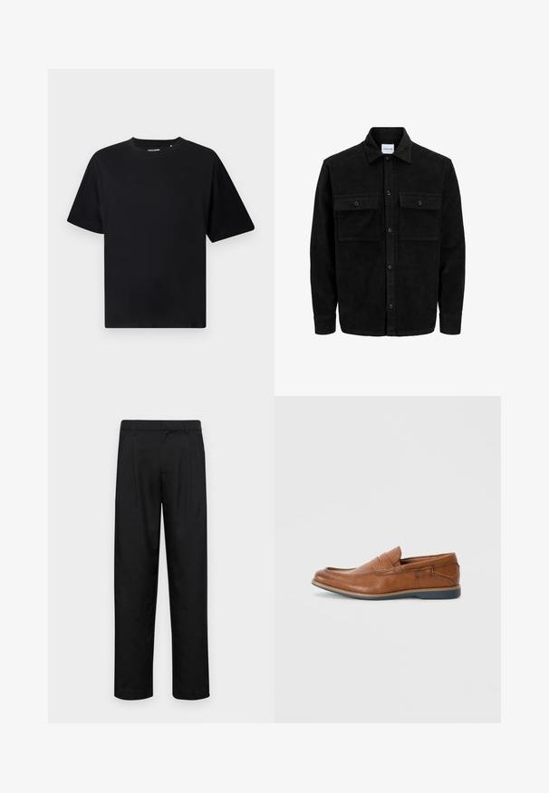 Mustmustöös nupuga jope, millel on kaks eesmist klapiga taskut ja klassikaline kaelus, pikad varrukad ning ribakujuline tekstuur.; Mustame lühikeste varrukatega ümar kaelusega T-särk, millel on mugav lõige, esitletud valgel taustal.; Mustad mustadest riietest, millel on sirge jalgade disain, kaks eesmist voltimist ja tavaline vöökoht, millel on vöökohad.; Prunadest nahkkingad ümmarguse varbaga, õmmeldud detailide ja madala kummitaldaga. Disain sisaldab riba üleval.