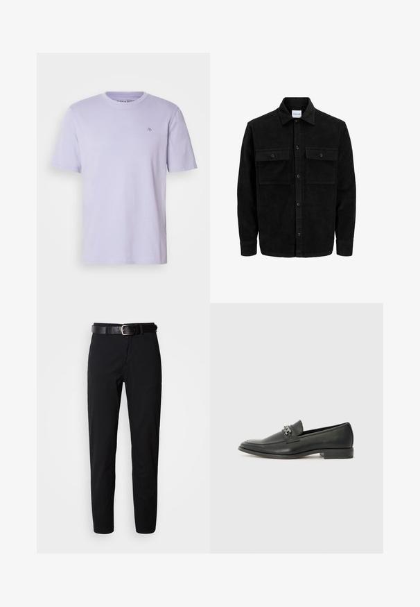 Juodas velveto mygtukų švarkas su dviem priekiniais kišenėmis su atvartais, klasikiniu apykakle, ilgomis rankovėmis ir raukšlėtu paviršiumi.; Šviesiai violetinė medvilninė marškinėliai su apykakle, trumpomis rankovėmis ir mažuoju logotipu išsiuvinėtų ant krūtinės. Minkšta tekstūra ir standartinis kirpimas.; Juodi kelnių modeliai su tiesiu kirpimu, turintys lygų paviršių ir juodas odinis diržas su sidabriniu sagtimi. Paprastas dizainas, be raštų ar akcentų.; Juodos odinės loafer tipo bateliai su lygiu paviršiumi, turintys siuvinėtą dizainą ir dekoratyvų metalo grandinėlės akcentą ant batų viršaus. Plokščias kulnas.