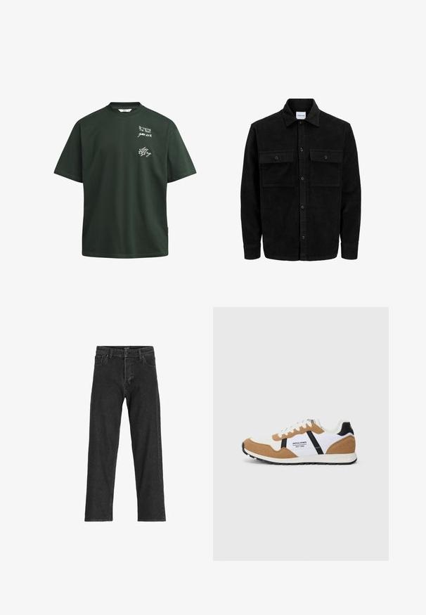 Černá kordurová košile s knoflíky, dvěma předními klopovými kapsami a klasickým límcem, dlouhými rukávy a vroubkovanou texturou.; Tmavě zelené bavlněné tričko s krátkým rukávem, kulatým výstřihem a bílým potiskem, s uvolněným střihem a bez viditelných ozdob.; Černé džíny s rovnými nohavicemi, s zipem na přední části, poutky na pásek a šesti kapsami, vyrobené z odolné bavlněné směsi.; Retro stylový tenisky s bílou a tan suede, černými akcenty, bílými šňůrkami a logem "Jack & Jones EST. 1990" na boku.