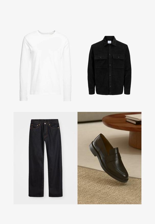 Jachetă din catifea neagră, cu butoni, două buzunare frontale cu clapetă și un guler clasic, mâneci lungi și textură ribbed.; Tricou alb cu mânecă lungă, fabricat din bumbac moale. Gât rotund, cu margini drepte și fără modele sau grafice vizibile.; Jeans negri din denim pentru bărbați, cu croială dreaptă, cinci buzunare și cusături portocalii, închidere cu nasture și fermoar pe talie.; Mocasin din piele neagră cu o finisare netedă, vârf rotund și o baretă decorativă pe partea superioară. Toc mic din cauciuc, așezat pe o suprafață texturată.