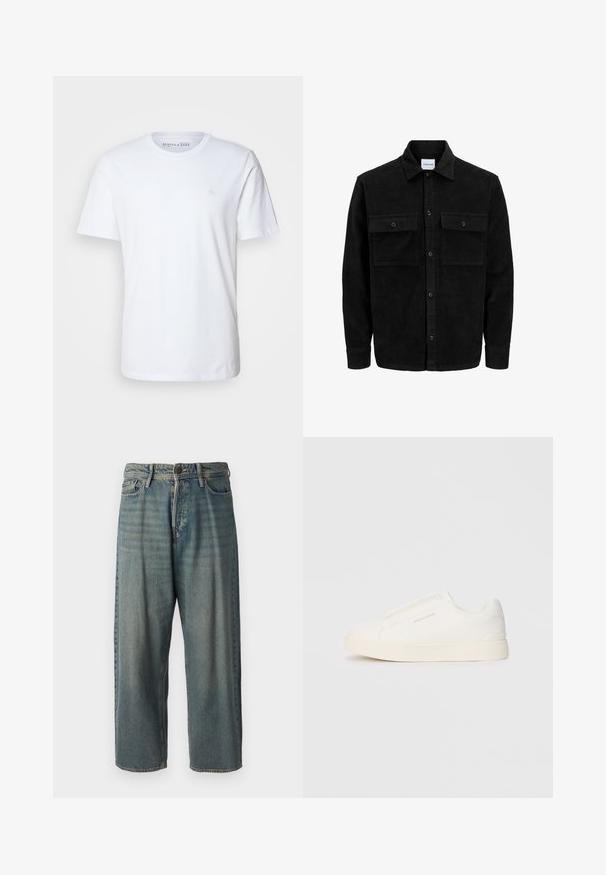 Črna kordurojska jakna z gumbi, z dvema sprednjima žepoma z zavihkom in klasičnim ovratnikom, dolgimi rokavi ter rebrasto teksturo.; Bela majica s kratkimi rokavi iz bombaža. Ima okroglo izrezano ovratnik in majhen vezen logotip na levem prsnem predelu.; Svetlomoderne kavbojke z ohlapnim krojem, srednjim pasom in ravnimi nogami. Imajo pet žepov, zanke za pas in zapiranje na gumb.; Bele zapete brez vezalk z teksturirano površino, debelim podplatom in minimalističnim dizajnom. Na strani se nahaja logotip blagovne znamke.