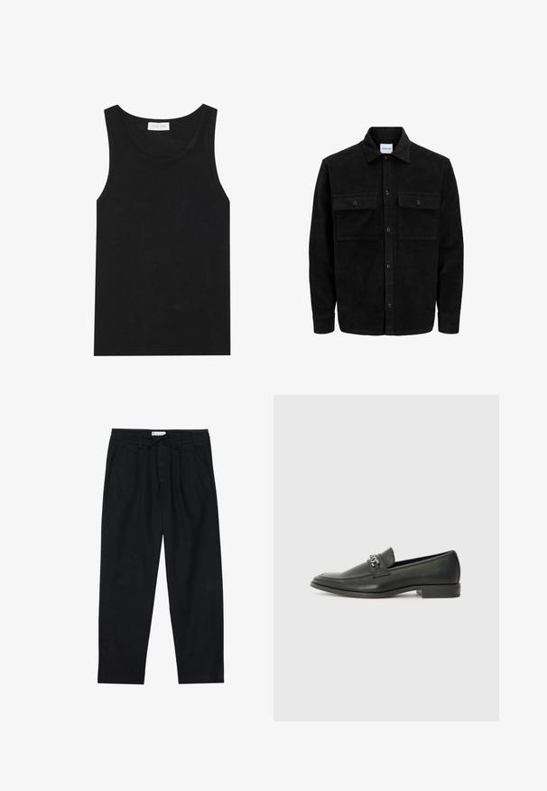 Svart kordfløyels knappjakke med to frontlommer med klaff og klassisk krage, lange ermer og ribbet tekstur.; Svart tanktopp laget av ribbet stoff, med rund utringning og uten ermer, med rett kant og et minimalistisk design.; Pier One Chinos - black; Sorte skinnloafers med en glatt finish, og med en sydd design og en dekorativ metallkjedeakcent over foten. Flat hæl.