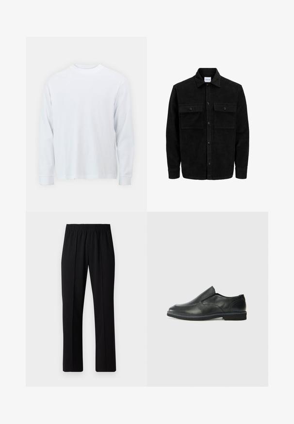 Jachetă din catifea neagră, cu butoni, două buzunare frontale cu clapetă și un guler clasic, mâneci lungi și textură ribbed.; Tricou alb cu maneci lungi, fabricat din bumbac, având guler rotund și tiv drept. Textură netedă, design simplu fără modele sau accente.; Pantaloni negri cu talie elastică, cu un design cu picioare drepte, având o textură netedă și fără modele sau accesorii vizibile.; Pantof de piele neagră, tip slip-on, cu un superior neted, accente cusute, vârf rotunjit și un toc jos din cauciuc. Talpa are un profil minim de aderență.