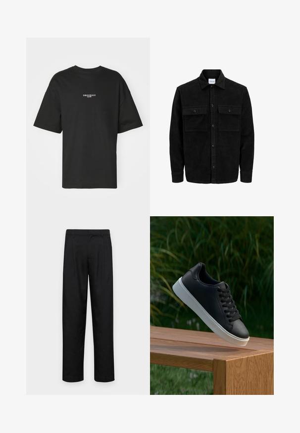 Melnas kordūru pogu jaka ar divām priekšējām atloka kabatām un klasisku apkakli, garām piedurknēm un ribotu tekstūru.; Melna kokvilnas t-kreklu ar īsām piedurknēm, uz krūšu daļas ar baltu uzrakstu "ORIGINALS est. 1970", brīvā griezumā un ar apaļu kakla izgriezumu.; Melnas bikses, izgatavotas no gludas auduma, ar taisnu kāju dizainu, divām priekšējām krokām un standarta jostu, kurai ir āķi.; Melnās ādas sporta apavi ar gludu tekstūru, baltu gumijas zoli un sešiem caurumiem šņorešanai, novietoti uz koka virsmas.