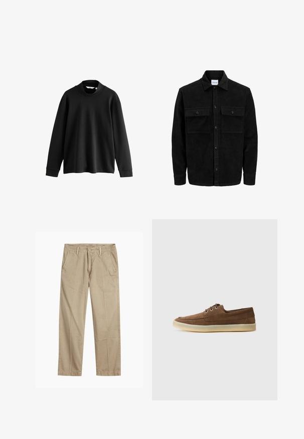 Melnas kordūru pogu jaka ar divām priekšējām atloka kabatām un klasisku apkakli, garām piedurknēm un ribotu tekstūru.; Melns garā piedurkne hoodie ar augstu apkakli, izgatavots no mīksta auduma, ar izlaistām plecu daļām un ribotām aprocēm, nodrošinot brīvu piegulšanu.; Beigās taisnās kājas chinos bikses ar jostas cilpām, priekšējo pogu un rāvējslēdzēja aizdari, kā arī slīpām priekšējām kabatām.; Brūni zamša apavi ar zemu profilu, auklētu dizainu, gumijas zoli un kontrastējošiem šuvumiem. Vienkāršs un funkcionāls stils.