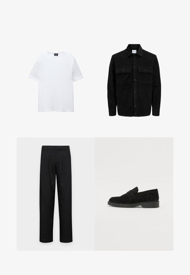 Mustat corduroy-nappi takki, jossa on kaksi etupistotaskua ja klassinen kaulus, pitkät hihat ja ribattu pinta.; Valkoinen puuvillapaita lyhyillä hihoilla, pyöreällä pääntiellä ja rentoa muotoilua. Tasainen rakenne ilman kuvioita tai koristeita.; Mustat housut, jotka on valmistettu sileästä kankaasta, suoran lahkeen muotoilulla, kahdella etupleekillä ja tavanomaisella vyötäröllä, jossa on vyölenkit.; Musta mokkasiinipohja, jossa on matala korko, ja jonka päällä on yksinkertainen nauha sekä teksturoitu yksityiskohta sivuilla.