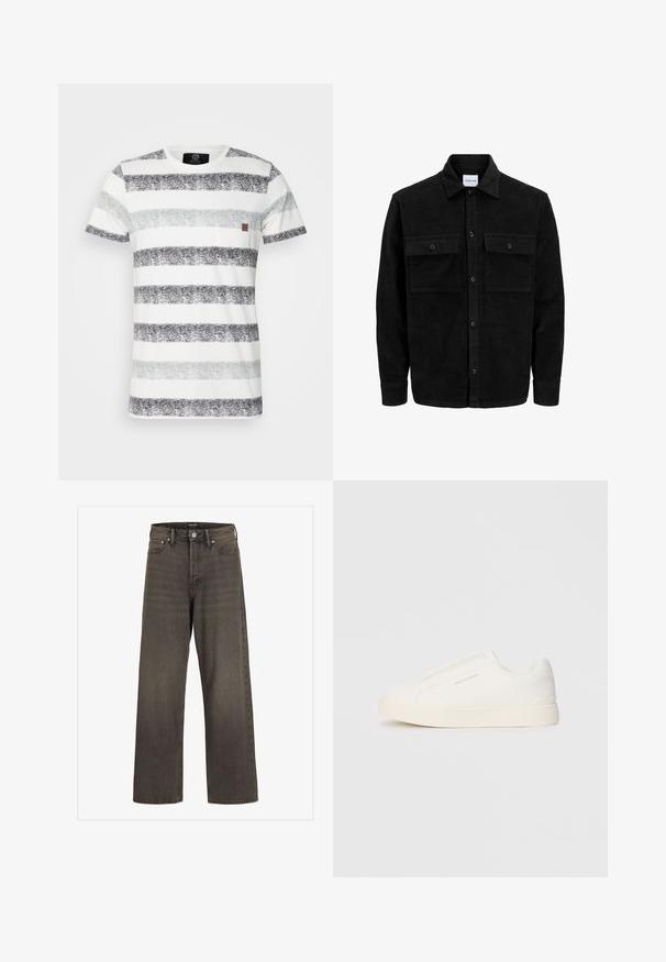Černá kordurová košile s knoflíky, dvěma předními klopovými kapsami a klasickým límcem, dlouhými rukávy a vroubkovanou texturou.; Bavlněné tričko s vodorovnými pruhy v černé, šedé a světle šedé barvě. Obsahuje malou kapsičku na hrudi a kulatý výstřih.; Džínové kalhoty s širokými nohavicemi v tmavě šedém denimu, s vysokým pasem, klasickým designem pěti kapes a kontrastním prošíváním podél švů.; Bílé slip-on tenisky s texturovaným povrchem, silnou podešví a minimalistickým designem. Na boku je umístěno logo značky.