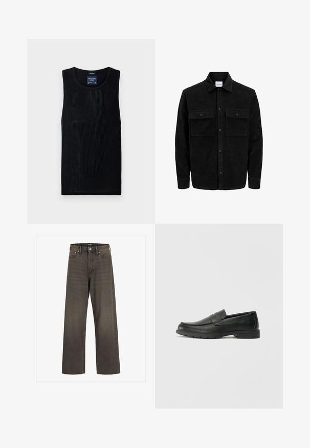 Čierna kordúrová bunda s gombíkmi, dvoma prednými vreckami so záklopkou a klasickým golierom, dlhými rukávmi a ryhovanou textúrou.; Čierny rebrovaný tielko s okrúhlym výstrihom a skráteným strihom. Vyrobené z ľahkej látky, s jemnou textúrou a bez ozdobných prvkov.; Džínsy s širokými nohavicami v tmavošedej džínsovine, s vysokým pásom, klasickým dizajnom s piatimi vreckami a kontrastným šitím pozdĺž švov.; Čierne kožené mokasíny s hladkým povrchom, vrchnou časťou v štýle mokasín, prešitým detailom a gumovou podrážkou. Klasický dizajn s nízkym podpätkom.