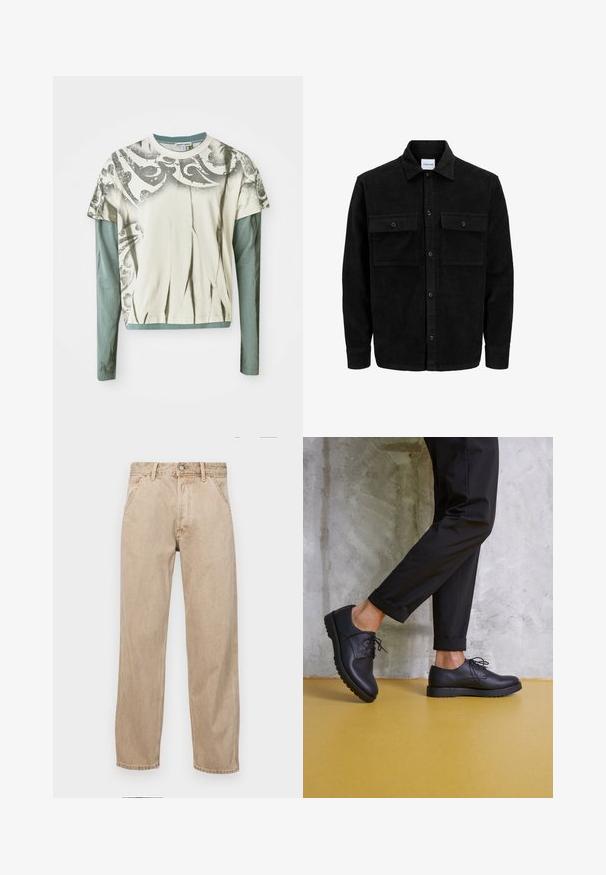 Czarna kurtka z korduru z guzikami, z dwoma przednimi kieszeniami na klapki oraz klasycznym kołnierzem, długimi rękawami i ryżowym splotem.; Graficzna koszulka z długim rękawem z kremowym korpusem i dekoracyjnym szarym nadrukiem oraz turkusową podkoszulką z długim rękawem. Gładka faktura materiału.; Beżowe dżinsy o prostym kroju, z przednimi kieszeniami, metalowym zapięciem na guzik i delikatną teksturą.; Czarne skórzane buty sznurowane z okrągłym noskiem, teksturowaną powierzchnią i grubą gumową podeszwą. Noszone z podwiniętymi czarnymi spodniami na tle betonowym.