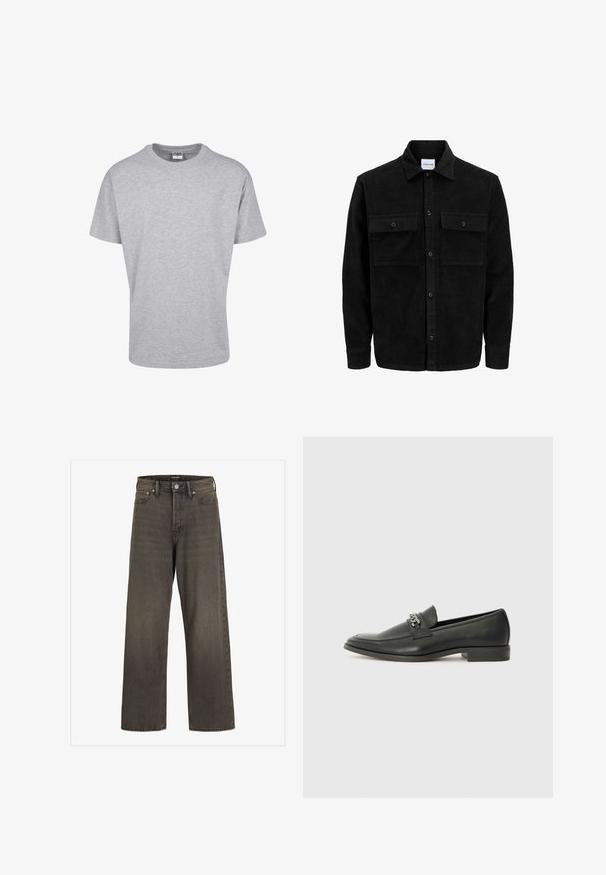 Jachetă din catifea neagră, cu butoni, două buzunare frontale cu clapetă și un guler clasic, mâneci lungi și textură ribbed.; Tricou gri cu mânecă scurtă realizat dintr-un amestec de bumbac. Are un guler rotund și o croială lejeră, fără modele sau ornamente.; Blugi cu picioare largi din denim gri închis, cu talie înaltă, design clasic cu cinci buzunare și cusături contrastante pe cusături.; Pantofii negri din piele cu un finisaj neted, având un design cusut și un accent decorativ de lanț metalic peste partea de sus. Toc plat.