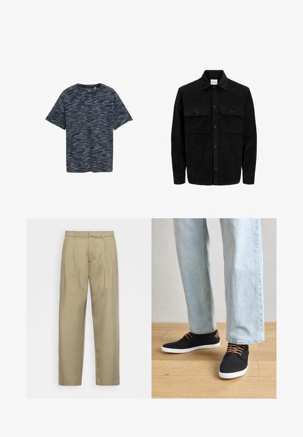 Zwarte corduroy knopenjack met twee voorste klepzakken en een klassieke kraag, lange mouwen en ribbelstructuur.; Korte mouwen marineblauw T-shirt met een textuur en golvend patroon in lichtere tinten. Ronde hals en casual pasvorm. Zachte stof.; Beige, hoge taille broek met een rechte snit, voorzien van een platte voorkant, zijzakken en een gladde, gestructureerde stof.; Zwarte canvas sneakers met bruine accenten, witte rubberen zolen en bruine veters, gecombineerd met lichtblauwe spijkerbroeken met rechte pijpen. Houten vloer als achtergrond.